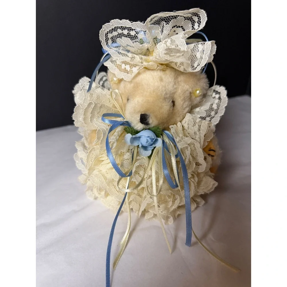 Vintage Teddy Bear Plush Cream Small Cream Lace Blue Ribbon Ruffle Victorian 6
